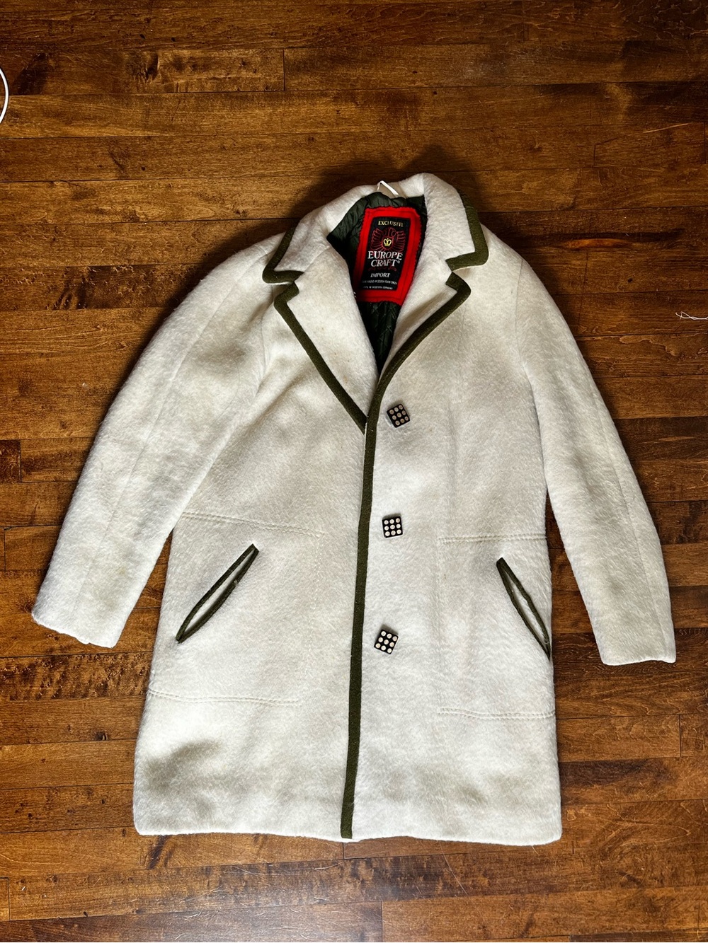 Vintage Cream Wool Coat with Olive Trim